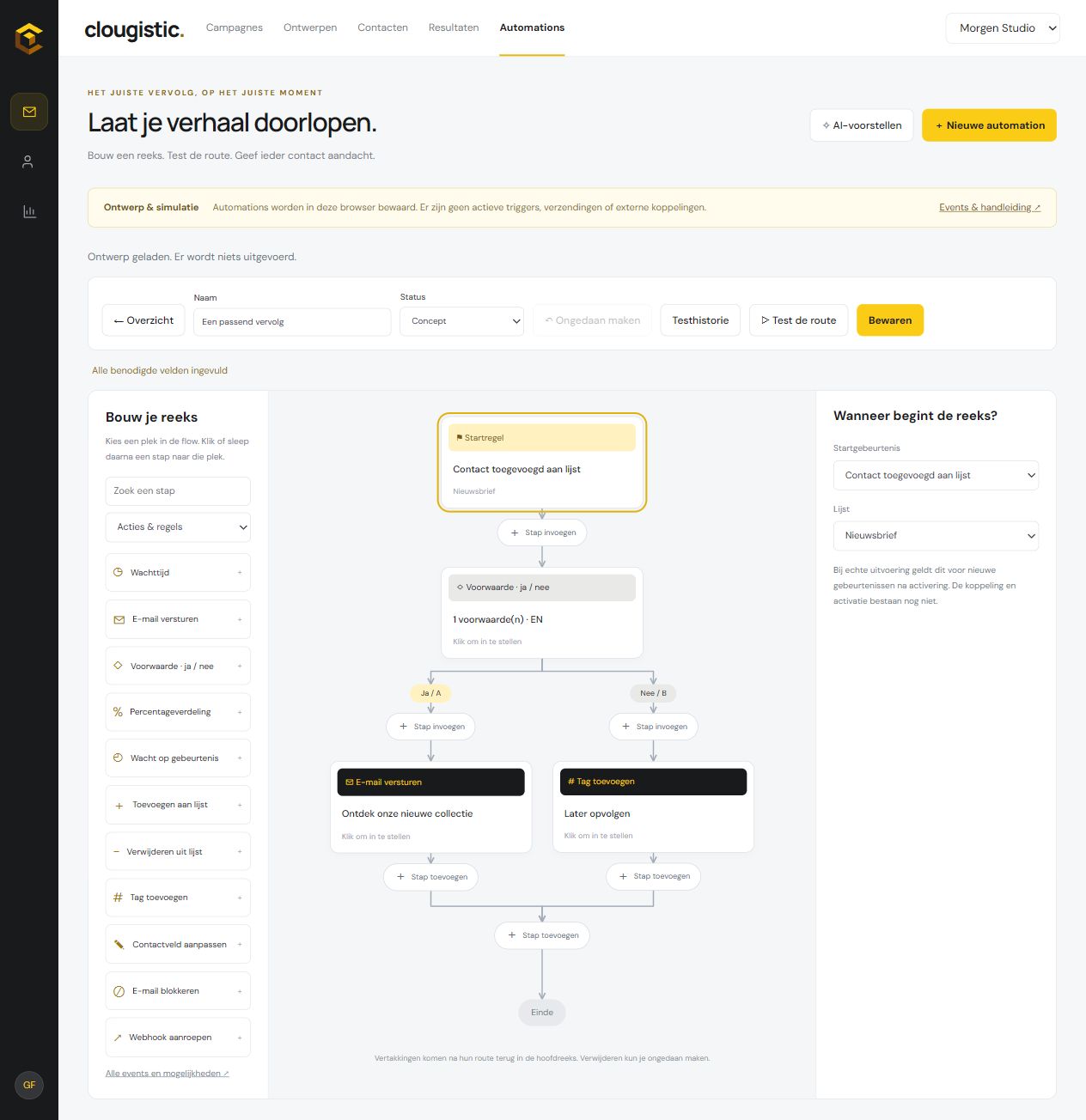 Automation-builder met een startregel, ja-nee-voorwaarde en twee vervolgstappen